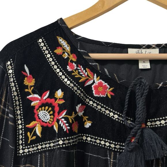 Style & Co Womens Floral Embroidered Velvet Trim Peasant Top Size XL Black Plaid - Picture 4 of 8